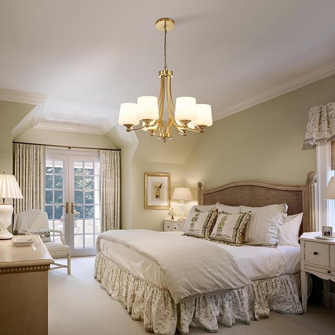 Modern 6-Light Brass Chandelier 25.59in Frosted Glass Chandeliers Metal Mid-Century Gold Pendant Light Fixtures for Living Room Dining Room Bedroom Foyer Stairway