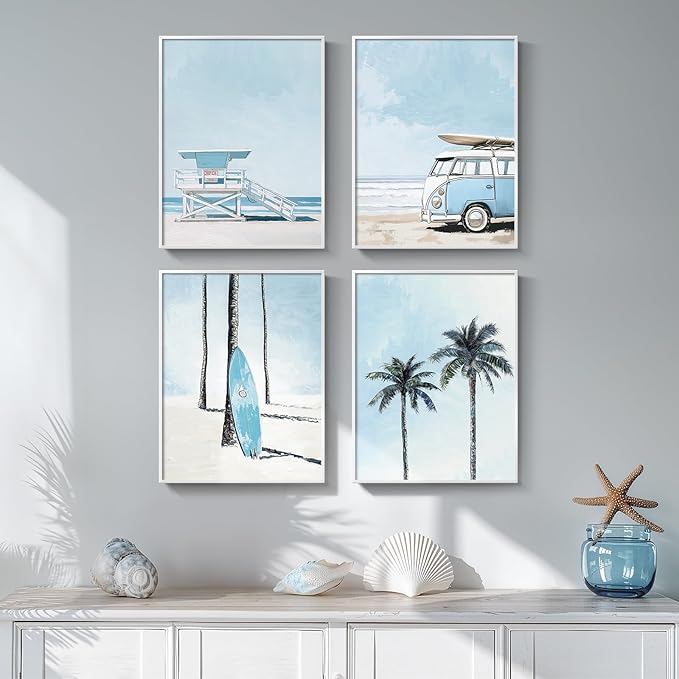 Framed Blue Coastal Beach Wall Art for Room Decor, 4 Piece Beach Ocean Bathroom Canvas Pictures Prints, Palm Tree Surfboard Coastal Summer Artwork for Living Room Bedroom Office Walls Decor, 11x14 In