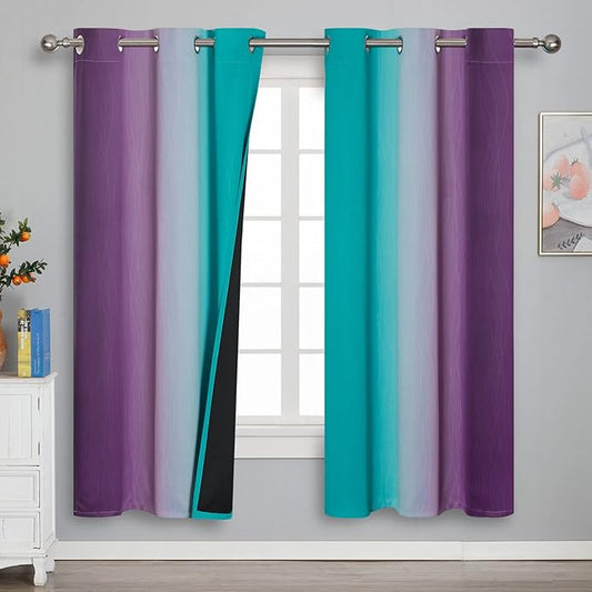 Estelar Textiler Ombre Teal and Purple Blackout Curtains 72 Inch Length 2 panels, Grommet Thermal Insulated Gradient Drapes for Kids Room, Full Light Blocking Blackout Curtains for Bedroom, 42x72 Inch