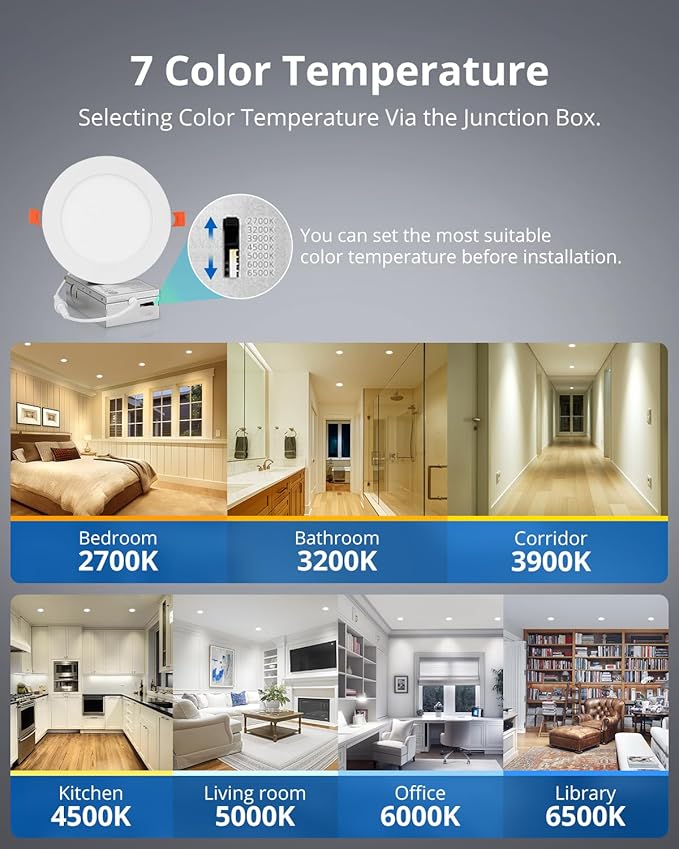 5 Inch LED Recessed Ceiling Light, 10W Dimmable Canless Wafer Downlight, Damp-Rated for Kitchen Living Room Basement Bathroom, Ultra Thin with Junction Box, 800LM 7CCT 2700K-6500K, 8 Pack