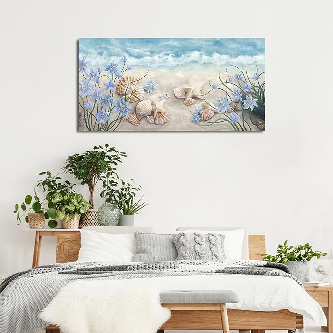 NINEASO Sea Beach Wall Art - Ocean Decor Coastal Scene Canvas Pictures Starfish Shells Seaside Painting Print Blue White Flowers Artwork for Living Room Bedroom Home Office 20" x 40"