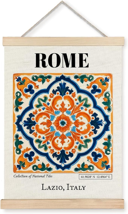 Yomisex Rome Lazio Italy Tile Wall Art Poster, Traditional Roman Tiles Exquisite Porcelain Aesthetic Canvas Prints Wall Art Framed for Home Bedroom Living Room Decor, 12x16 Inch