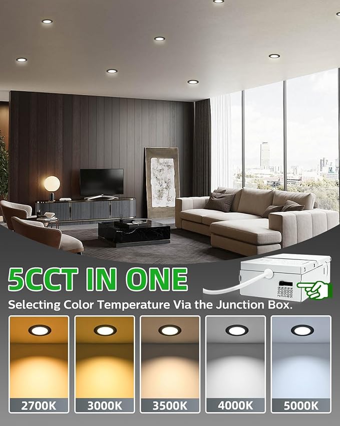 zouzai 20 Pack 4 Inch Black Ultra-Thin LED Recessed Ceiling Light with Junction Box 5CCT Adjustable Dimmable Can-Killer Downlight - ETL and Energy Star Certified