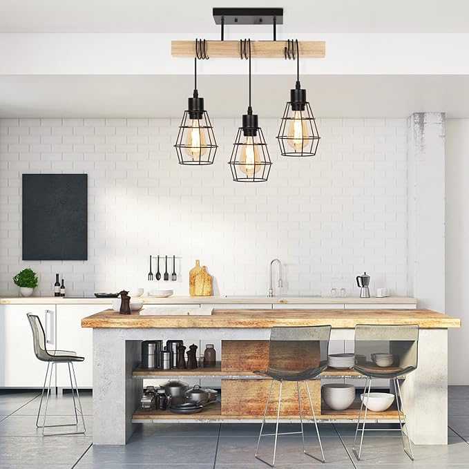 Chandelier Ceiling Light Fixture, 3-Light Semi Flush Mount Ceiling Lights with Metal Cage Lampshade, Pendant Lighting with Solid Wood for Bedroom, Dining Room, Living Room, Kitchen, Office