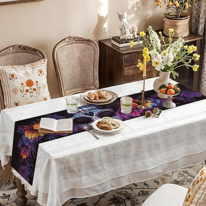 ANNA QUEEN Flowers Table Runner 13 x 72 Inch for Dining Table, Table Runner for Spring & Holiday Dining Decor Indoor Outdoor Party Home Table Decoration (Skull Flowers)