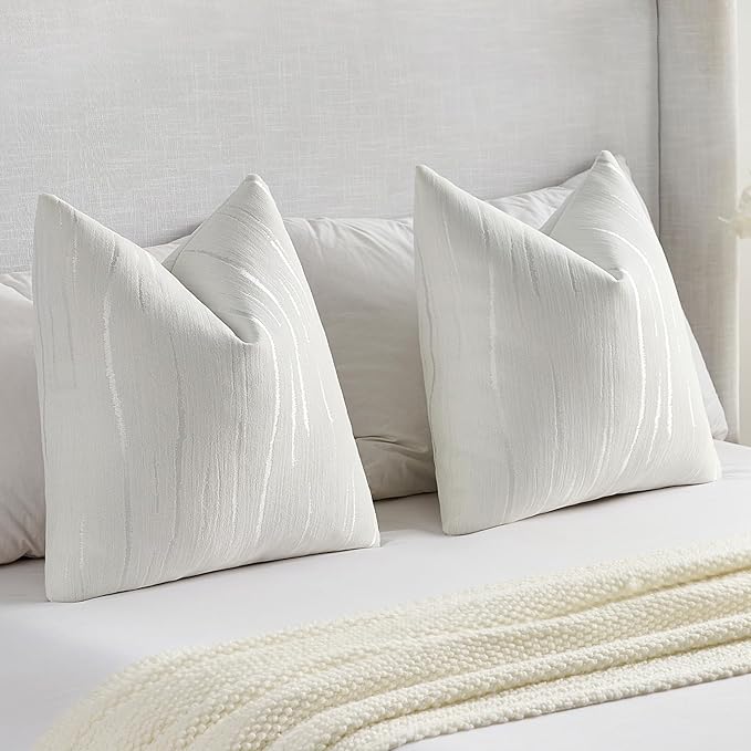 FUTEI White Chenille Decorative Throw Pillow Covers 16x16 Inch Set of 2,Soft Embossed Striped Textured Cushion Case,Modern Home Decor for Couch Bed Living Room