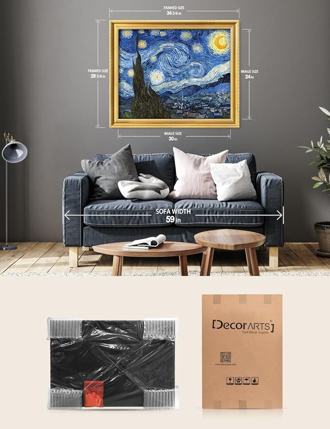DECORARTS - Vincent van Gogh's Starry Night. Museum-Quality Giclee Print on Cotton Canvas, Ornate Gold Wood Frame with Classic Detailing, Picture Size: 30x24, Framed Size: 34.75x28.75, Made in USA