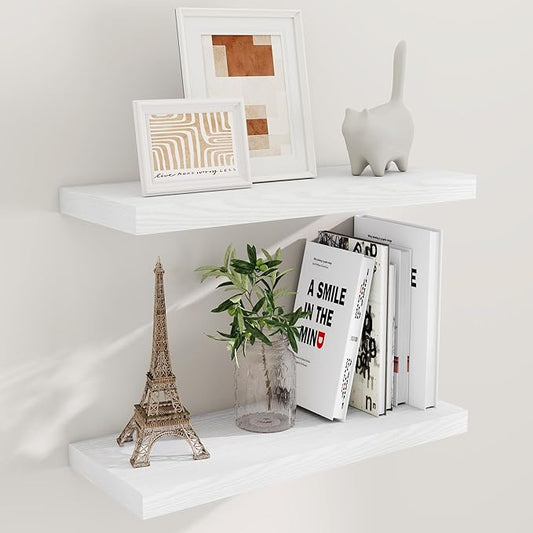 Fun Memories White Floating Shelves for Wall, 24 x 9.3 x 1.5 Large Floating Shelf Set of 2, 9.3 Deep Wall Shelf for Kitchen, Living Room, Rustic White Shelves for Home Decor & Storage