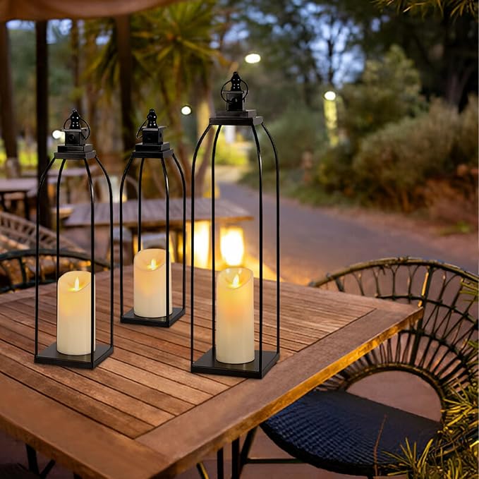 3 Pcs Black Metal Decorative Candle Lantern Set, 16'' 19'' 22'' Modern Lantern with 3 Flameless Candles for Indoor & Outdoor, Decorative Large Lanterns for Porch, Patio, Fireplace & Home Decor