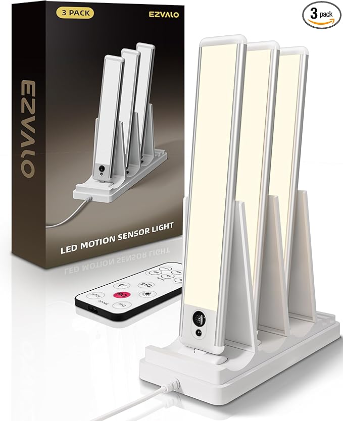 EZVALO Under Cabinet Lighting with Charging Station, Rechargeable Motion Sensor Light Indoor, Dimmable Closet Lights Wireless, 3500K, Motion Activated Under Counter Lights for Kitchen,Pantry(3 Pcs)