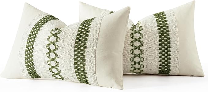 MIULEE Set of 2 Moss Green Boho Decorative Lumbar Pillow Covers 12x20 Inch Farmhouse Rustic Couch Throw Pillows Modern Summer Cushion Covers Retro Cute Macrame Woven Home Decor for Bed Sofa Chair