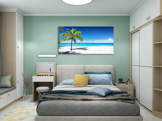 Baisuart Large Canvas Wall Art Summer Ocean Waves Coconut Trees on Sands Beach Seascape Painting Sea Nature Pictures for Living Room Home Office Wall Decor Artwork XXLarge 30x60inch