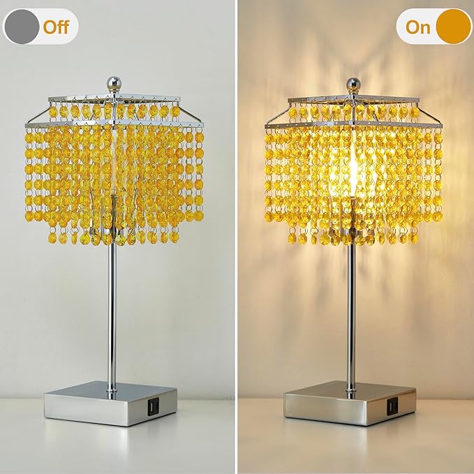 Crystal Table Lamp with Touch Control, Bedside Lamp with USB C+A Ports, 3-Way Dimmable with Crystal Shade for Girls Bedroom, Living Room, Light Yellow & B11 LED Bulb Included