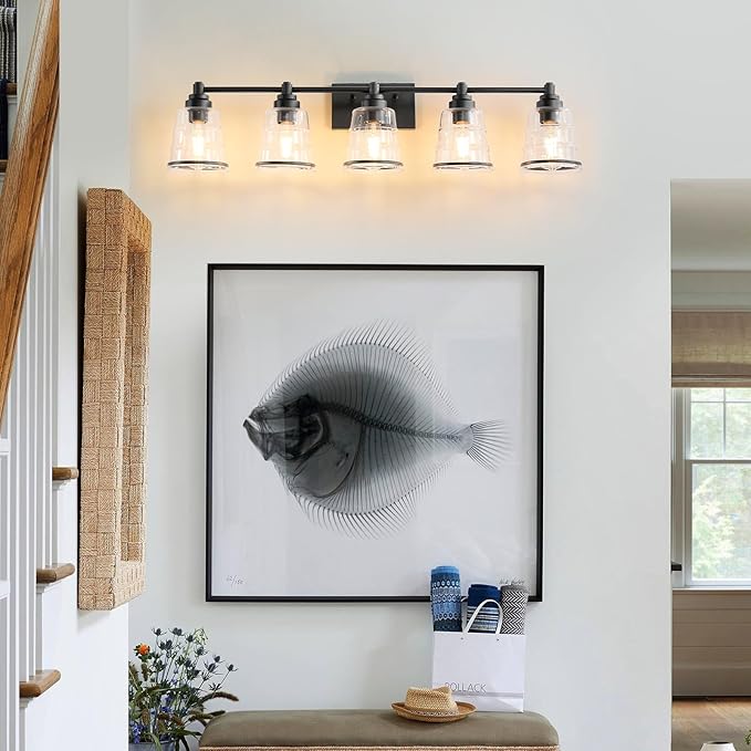Black Bathroom Vanity Light Fixture, 5 Light Bathroom Light Fixtures Over Mirror with Clear Glass Shade and Metal Base Wall Sconce, 37 inch Modern Vanity Light for Bathroom(Exclude E26 Bulb)