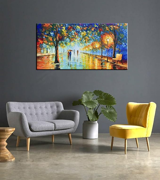 Tyed Art- Contemporary Landscape Art oil painting canvas rainy night street scene hand-painted acrylic frame wall art modern canvas painting living room bedroom office decoration Painting 24x48inch