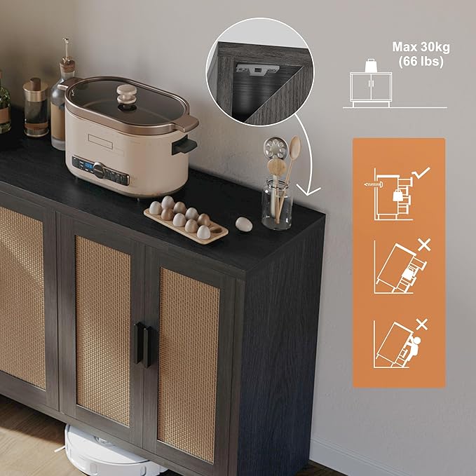 Rattan Buffet Cabinet with Storage, Sideboard with Doors, TV Stand, Farmhouse Side Board Coffee Bar, Modern Wood Storage Cabinets for Livingroom, Kitchen and Dining Room (Black)