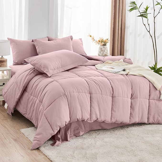 JOLLYVOGUE California King Comforter Set, Ultra-Soft Bed in a Bag Cal King Size 7 Pieces, Oeko-TEX Certified Bedding Set with Down Alternative Comforter, Sheets, Pillowcases & Shams, Camio Pink