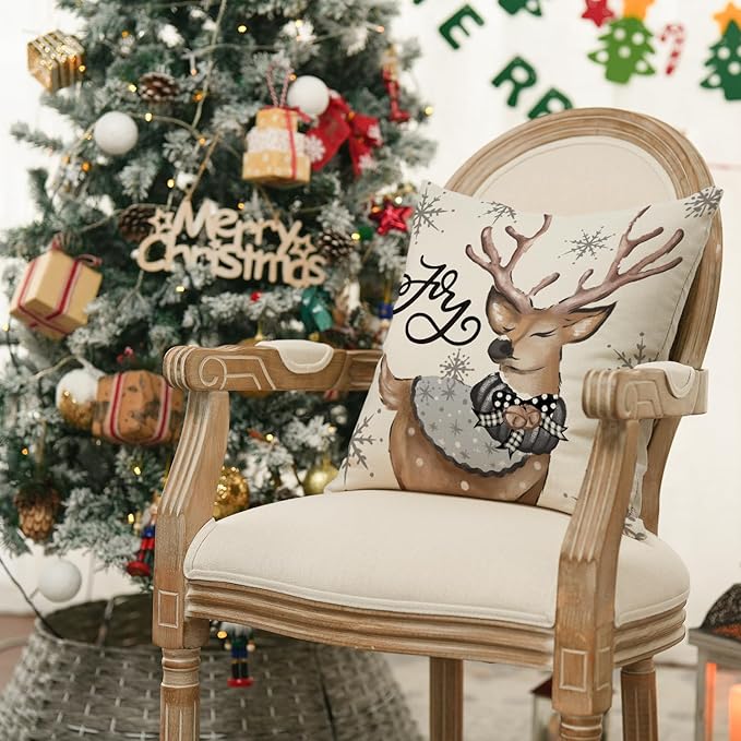 AVOIN colorlife Christmas Snowman Reindeer Gloves Eucalyptus Throw Pillow Covers, 16 x 16 Inch Winter Holiday Stripes Cushion Case Decoration for Sofa Couch Set of 4
