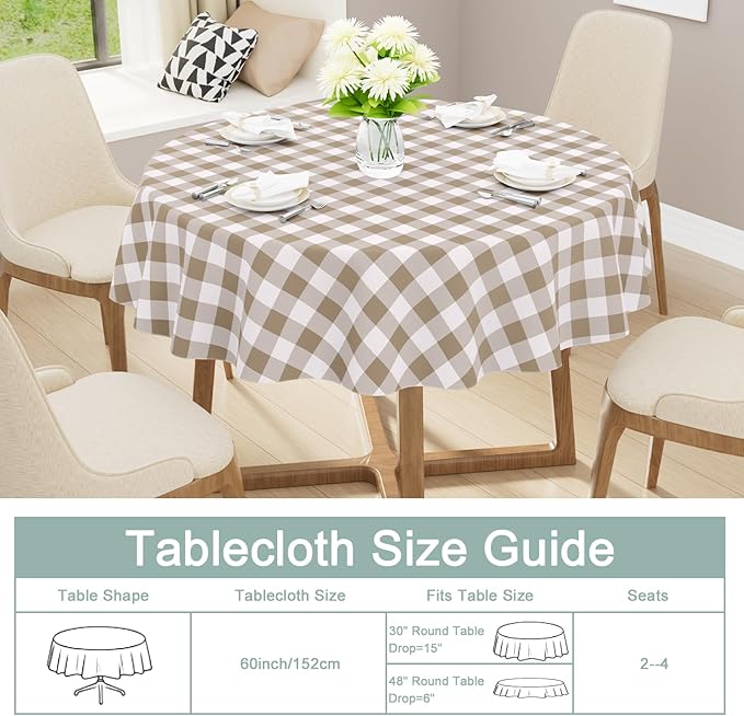 misaya Round Waterproof Vinyl Table Cloth, Buffalo Flannel Backed Tablecloth, Wipeable Plastic Table Cover for Fall, Thanksgiving (60", Khaki and White)