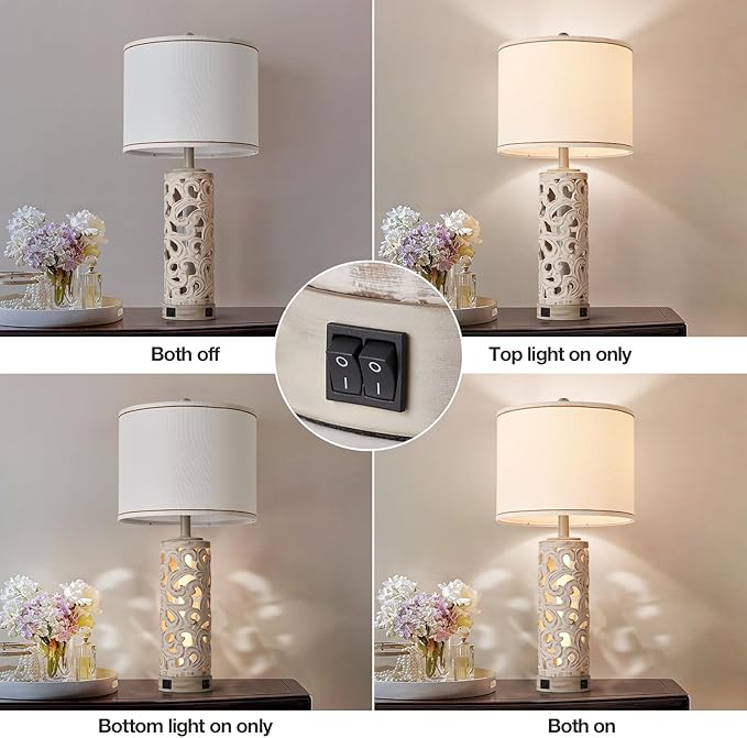 AIDENOEY Set of 2 Table Lamps with Night Light, 28" Farmhouse Table Lamp with USB A+C Ports,White Ceramic Bedside Lamp with Fabric Shade for Living Room,Bedroom,Home,Office(2 Bulbs Included)