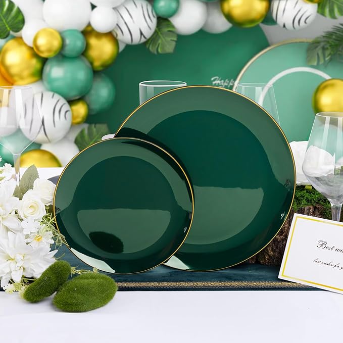 YOUBET 125PCS Green Plastic Plates - Green Disposable Plates With Gold Rim Include 25 Dinner Plate, 25 Dessert Plate, 75 Gold Plastic Cutlery for Party Wedding