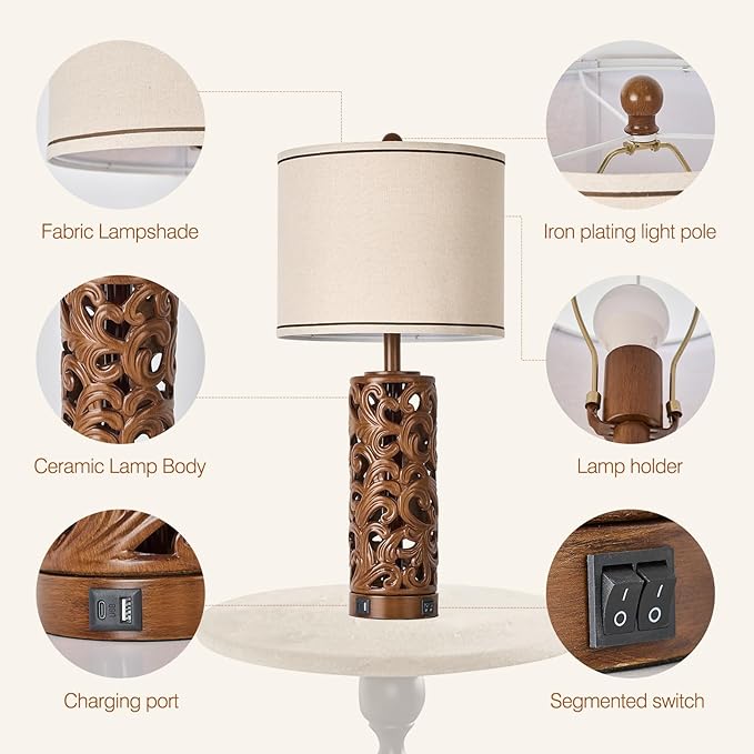 AIDENOEY 27.5" H 3-Way Dimmable Touch Control Table Lamp with USB A+C Ports, Vintage Walnut Finish Resin Bedside Farmhouse Table Lamp Set of 2,for Living Room,Bedroom,Office