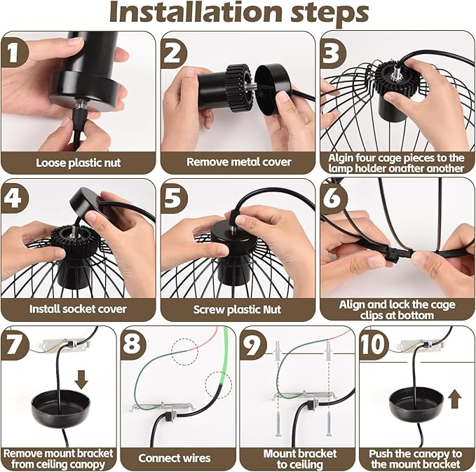 Black Ball Modern Industrial Chandelier โ DIY Metal Cage Pendant Light Fixture, E26 Base (No Bulb), Assembly Required, for Living Room, Kitchen, Dining Room, Bedroom, Farmhouse, Bar, Cafรฉ