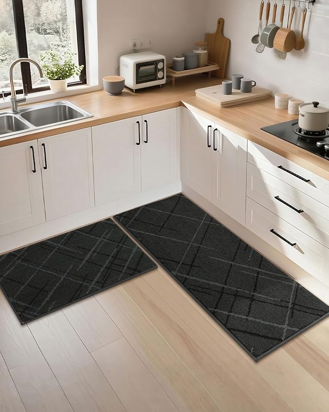 COSY HOMEER Kitchen Mats, 2 PCS Kitchen Rug Non Slip Washable, Absorbent Runner Rugs for Kitchen Floor, Polyester Kitchen Sink Rug 24"x36" + 24"x60"(Dark Gray)