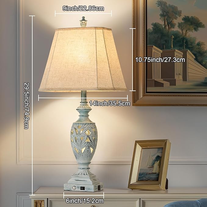 29.5"H Touch Control Traditional Table Lamp Set of 2,Vintage Bedside Lamp Nightstand Lamps with Dual USB Ports,3-Way Dimmable Hollow Out Leafwork Blue Washed Finish Desk Lamps for Living Room,Bedroom
