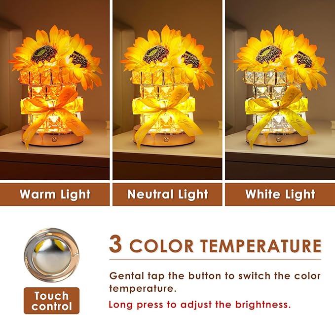 Sunflower Flower Table Lamp Gifts: Mothers Day Birthday Gifts for Women Mom Grandma Sister, Rechargeable Battery Powered Cordless Touch Small Crystal Night Light, Kitchen Bedroom Office Decor