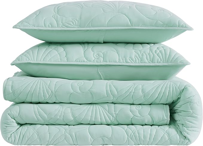 WDCOZY Coastal Beach Twin Size Quilt Bedding Sets, Seafoam Green Nautical Tropical Ocean Bedspread, Scallop Seashell Soft Coverlet, Lightweight Summer Thin Comforter for All Season