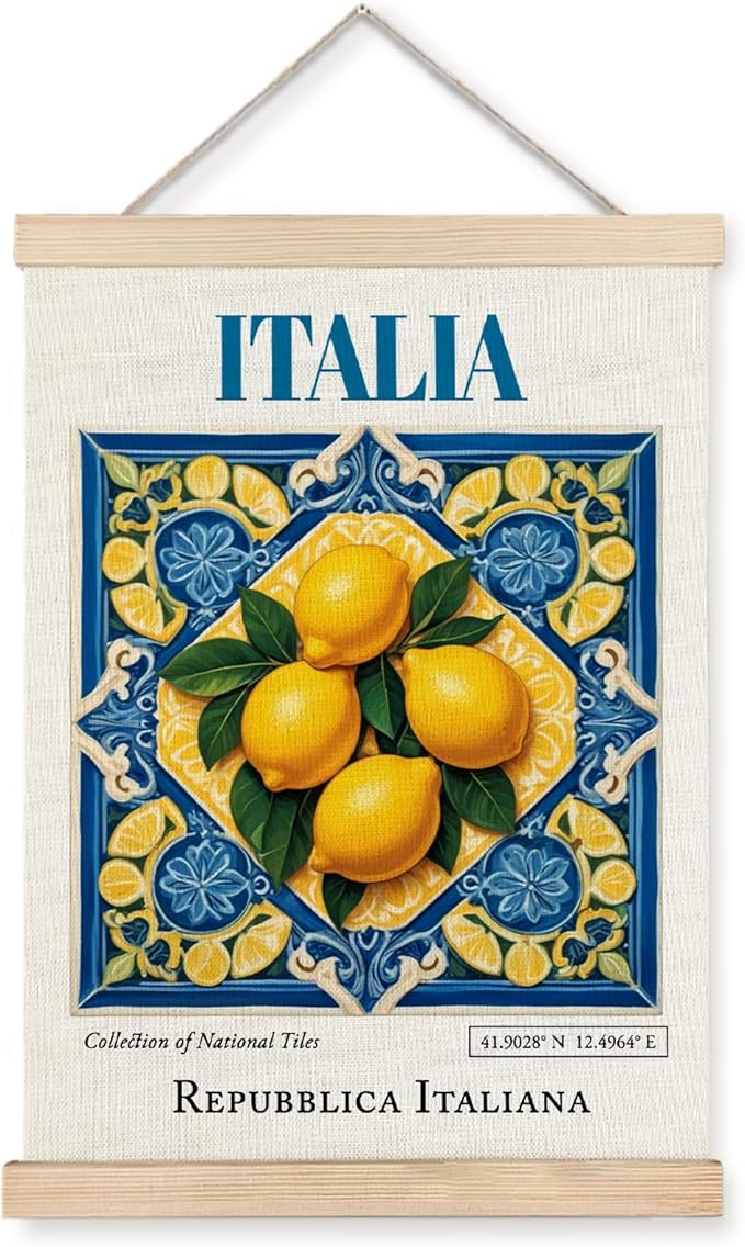 Yomisex Italia Tile Lemon Wall Art Poster, Traditional Republica Italiana Ceramic Tiles Lemons Aesthetic Canvas Prints Wall Art Framed for Home Kitchen Dining Room Decor, 12x16 Inch