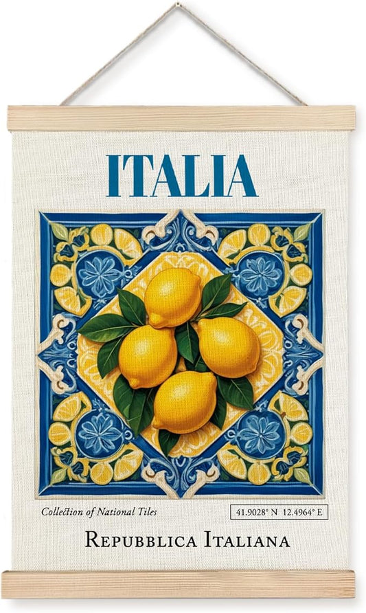 Yomisex Italia Tile Lemon Wall Art Poster, Traditional Republica Italiana Ceramic Tiles Lemons Aesthetic Canvas Prints Wall Art Framed for Home Kitchen Dining Room Decor, 12x16 Inch