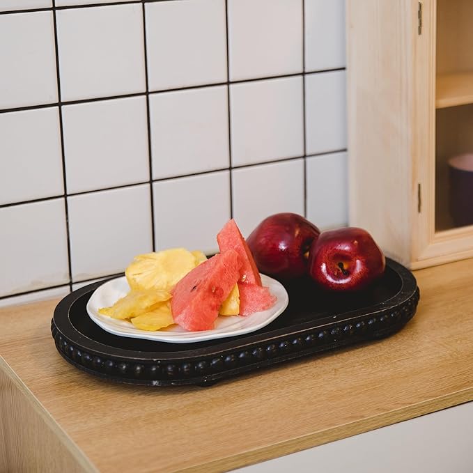 HPC Decor 15in Oval Tray for Home Decor - Black Wood Beaded Tray - Decorative Serving Tray,Rustic Farmhouse Wooden Trays for Vintage Centerpiece,Kitchen Counter,Living Room Decor,Coffee Table Decor.
