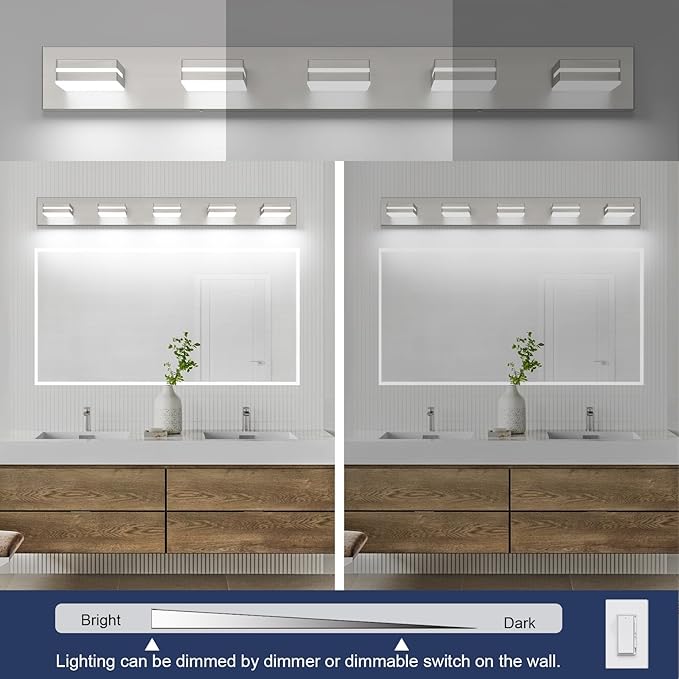 SineRise LED Modern Bathroom Vanity Light Fixtures (5-Light, 40-Inch, Dimmable), Brushed Nickel Modern Acrylic Bathroom Wall Lighting Fixtures Over Mirror (Cool White 6000K)
