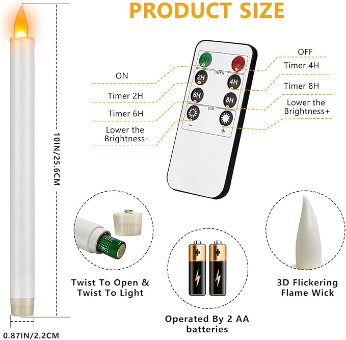 10" Flameless Taper Candles with Remote, Electric Led Candlesticks, Plastic Tall Taper Candles Battery Operated with Flickering Flame for Halloween Christmas Wedding Home Décor (White, 6 Pack)