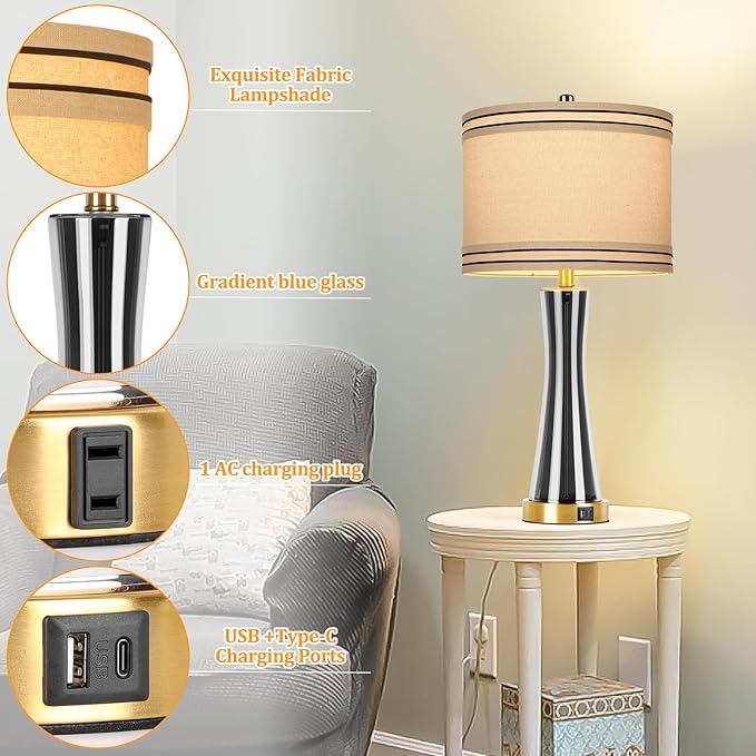 27.4''Table Lamps for Living Room Set of 2,3-Way Dimmable Modern Glass Bedside Lamps with USB Ports,Tall Lamps for Night Stands,Touch End Table Lamps for Bedroom Desk Lamps for Home Office(Grey)