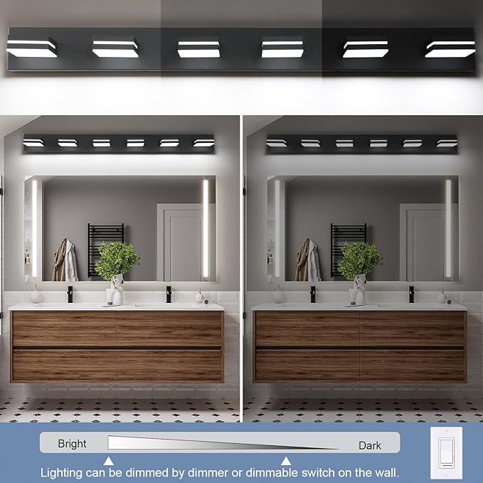 SineRise LED Modern Bathroom Vanity Light Fixtures (6-Light, 48-Inch, Dimmable), Matte Black Modern Acrylic Bathroom Wall Lighting Fixtures Over Mirror (Cool White 6000K)
