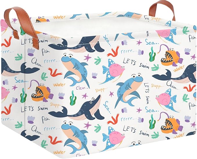 CLOCOR Rectangular Storage Basket Empty,Gift Basket for Kids,Waterproof Storage Bin with Handles,Room Decor(Cute Ocean)