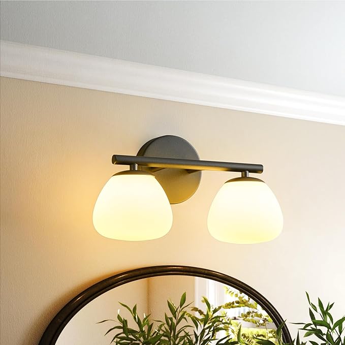 Modern 2 Light Bathroom Vanity Light Black Vanity Light Bathroom Light Fixtures Over Mirror with Milk Glass Shade Bathroom Wall Sconce