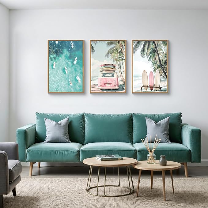 HOURIA Summer Surfboard Beach Framed Canvas Wall Art Set,Modern Ocean Surfing Seascape Wall Decor,Coastal Bus Coconut Tree Wall Painting,Nature Botanical Art Prints for Living Room, Bedroom-24 x36 x3