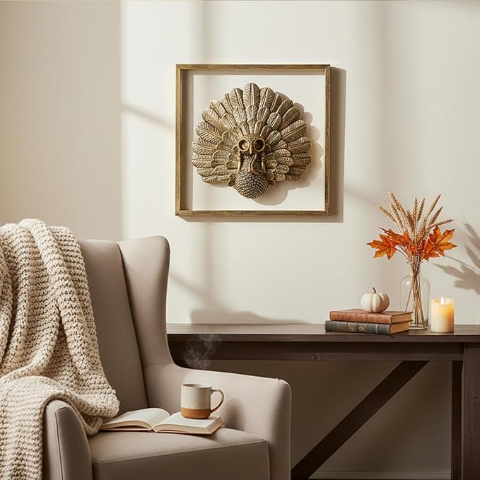 Animal Heads Wall Decor ( Includes Metal Frame) Christmas Indoor Decor Resin Animals Sculptures Head Wall Hanging Thanksgiving Decoration Gold vintage Wall Sculpture for Living Room Bedroom Office(Turkey)