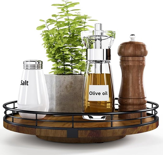 Farmhouse Oak 10" Lazy Susan Turntable Organizer for Cabinet, Round Wooden Lazy Susan Organization and Storage for Dining Table, Pantry, Kitchen, Countertop, Cupboard,Home Decor, Walnut Wood