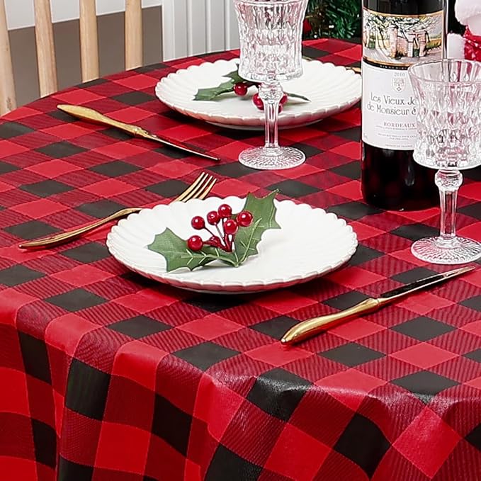 misaya Round Christmas Waterproof Vinyl Table Cloth, Buffalo Flannel Backed Tablecloth, Wipeable Plastic Table Cover for Dinner, Kitchen (60", Red and Black)