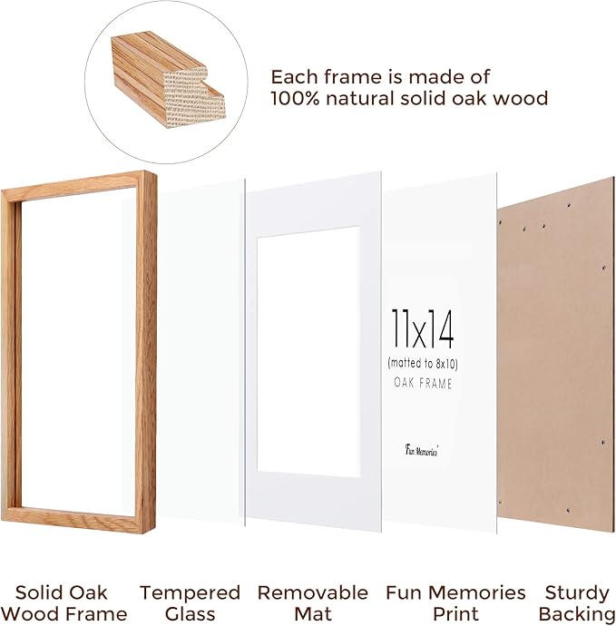 11x14 Picture Frame, Solid Oak Wood 11"x14" Photo Frame, 11 x 14 Frame for Wall, 11 x 14 Picture Frame With Mat for 8x10, Real Tempered Glass, 11 by 14 Wood Frame (Natural Oak Color, 1 Pack)