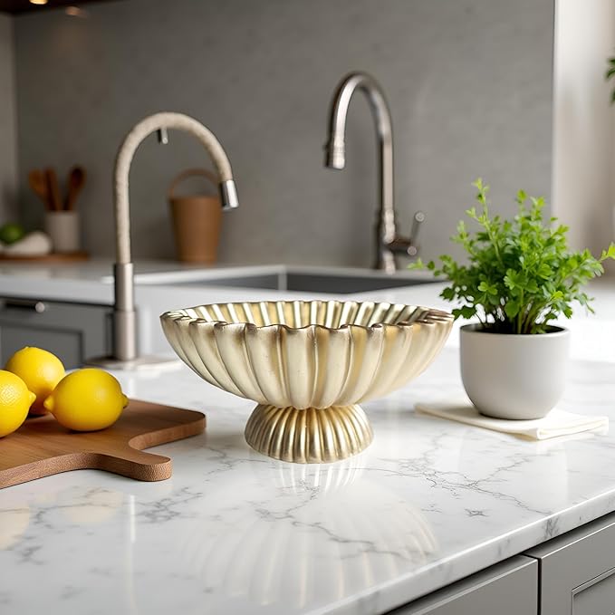10" Large Decorative Bowl decor, Scalloped Bowls for Modern Home Decor,Ruffle Decor,Stylish Key Bowl for Entry Table,Decorative Fruit Bowl for Kitchen Counter,With base,Golden
