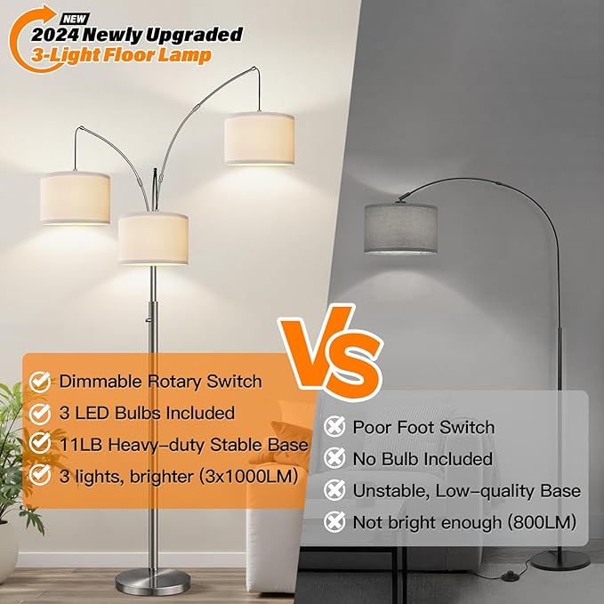 Nintiue Dimmable Floor Lamp - 3 Lights Brushed Nickel Arc Floor Lamps for Living Room,1000LM Modern Tall Standing Lamp with White Shades,Mid Century Tree Floor Lamp for Bedroom,3 LED Bulbs Included