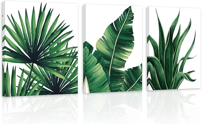 COSCTOR Botanical Wall Art Set of 3 Bathroom Green Plant Tropical leaf Picture Framed Prints for Home Living Room Bedroom Restroom Decoration(Framed,16x24)