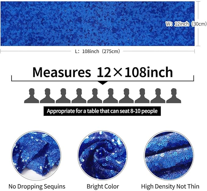 10 Packs 12 x 108 inches Royal Blue Sequin Table Runner, Glitter Royal Blue Table Runner for Wedding Birthday Bachelorette Holiday Party Supplies Decorations Bridal Shower Baby Shower