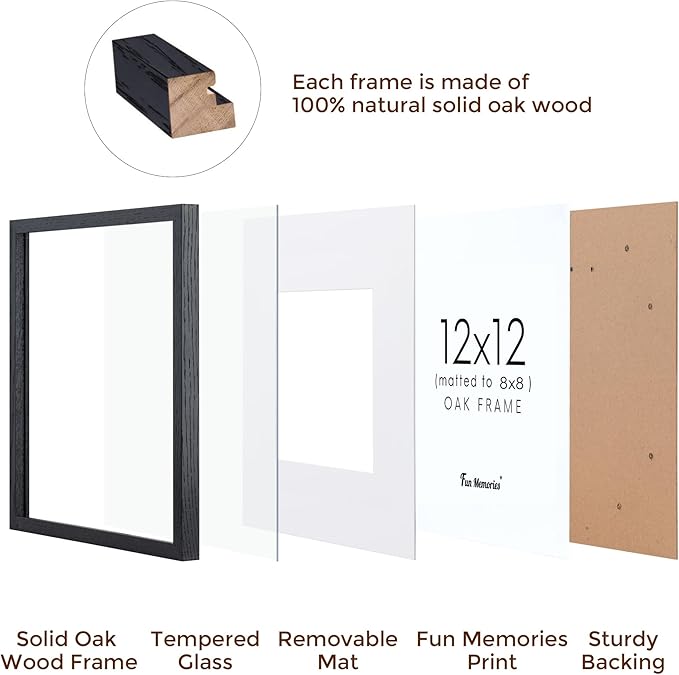 12x12 Picture Frame in Black, Square 12 x 12 Frame Set of 3, Natural Oak Wood Frame 12 by 12, 12x12 Frame with Mat of 8x8, 12"x12" Wood Frame with Tempered Glass, Wall Collage Frame 12 by 12